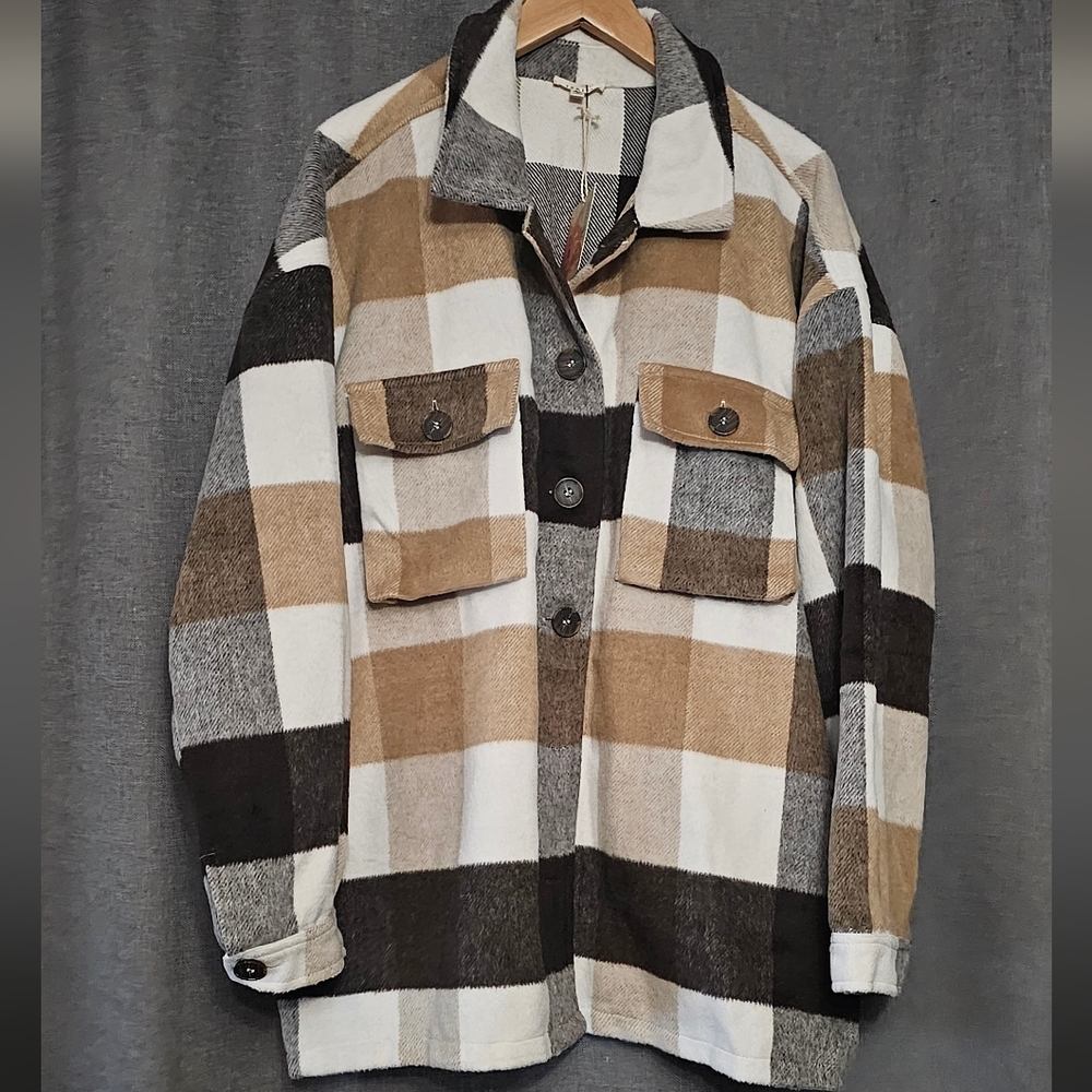 Shacket Jacket Plaid Thick Warm hand Pockets Plus Size 2X Brown Tan multi NEW